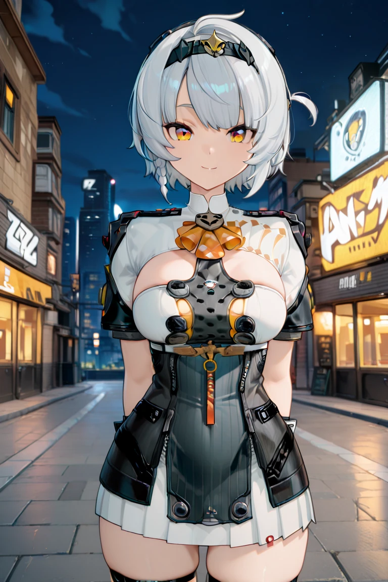 top-quality、Top image quality、in 8K,4K,masterpiece、(NSFW:1.3)、ultra-detailliert、Beautiful、ultra-quality、adult-like、Cool、girl with(((18year old、Zero Suit 1:3、Bust 78、silber hair、a short bob、Red Eyes、erotick:1.4、Happiness、The tattoo)))、hiquality、visualart、Background with((城市:1.2))、masutepiece