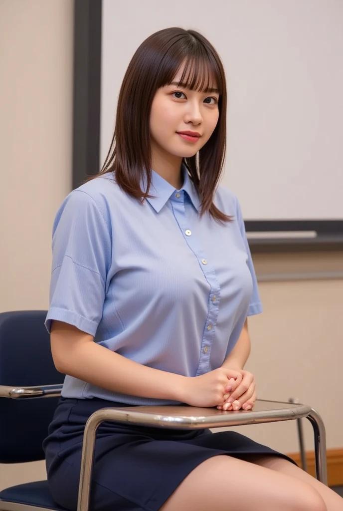 8K picture quality，masterpiece,best quality,A good-looking student，Wear only black underwear，Smile，In class，school classroom、Sitting at the table、Clothes decomposition、clothes open
