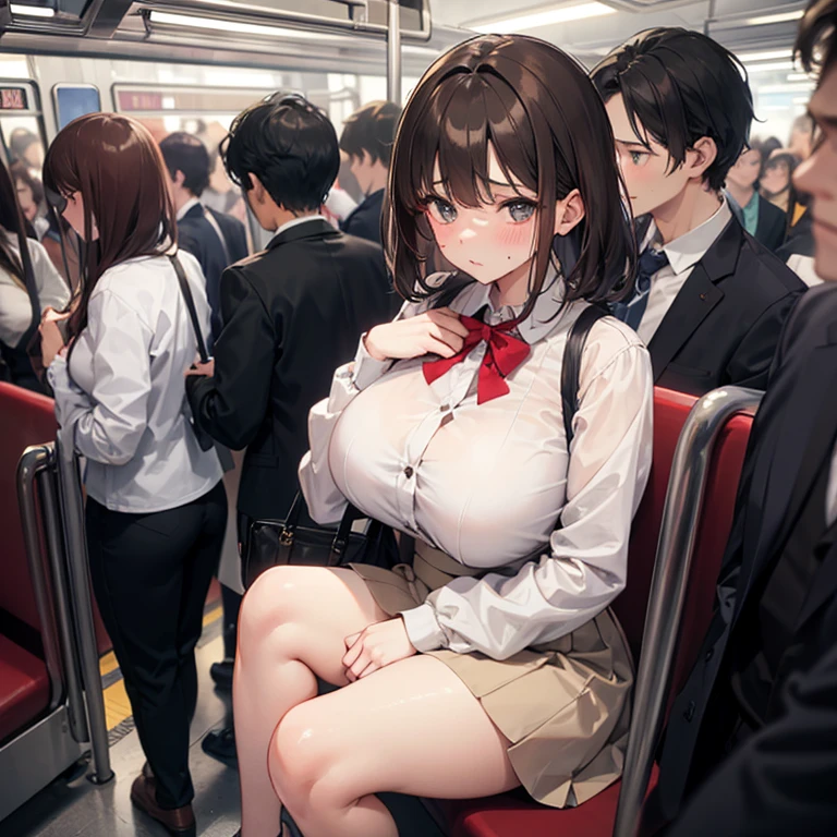 (angle from below:1.5), 1girl, (solo), blush, (seductive smile:1.3), ((15 years old)), (big breast:1.8), nsfw,((com on face:1.6)), (cum in mouth:1.6), (cum on body:1.6), ((excessive cum:1.8)), ((beautiful anime eyes with fine detail)), realistic skin, (((sailor suit))), (Navy blue pleated mini skirt), nsfw, ((skirt lift:1.5)), ((spread pussy:1.5)), spread legs, ((thigh-high socks)), Subway train interior background, in a crowded train, (Lots of men on the train), men wearing suit pants, man standing behind a girl,