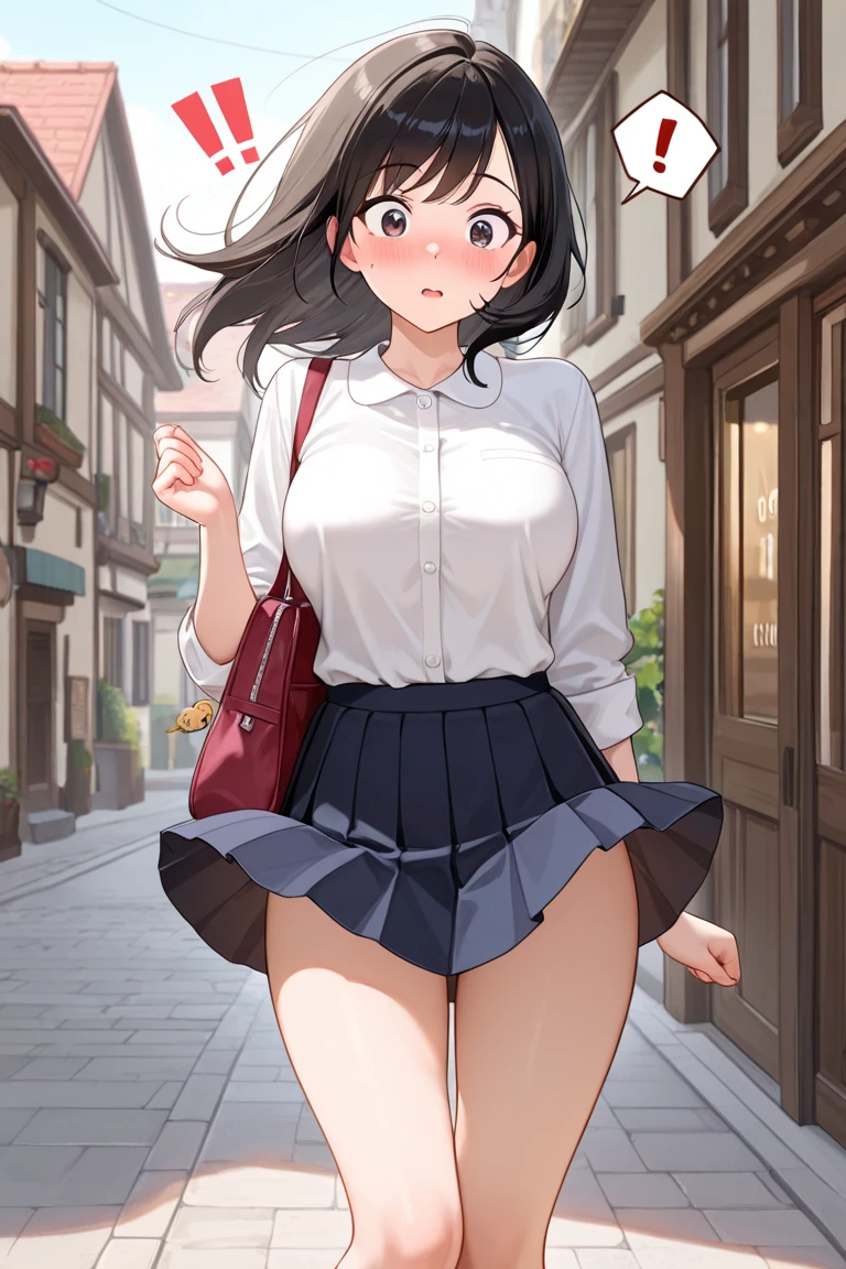 ((Table t○p, highest quality, Hi-Res Lucifer,Anime Screen Capture、Pixel perfect, 8k, nsfw)))、Perfect Anatomy、(((Huge breasts、Wide Hips、Wide ass)))、(((Bobcut、Blunt Bangs)))、(((Skirt flipped up by the wind、White Shirt、Black Mini Skirt、Blue striped panties)))、Sweat, vapor,(Yellow Eyes)、((Black Hair)),  ((((:d、blush))))、(((In town)))、