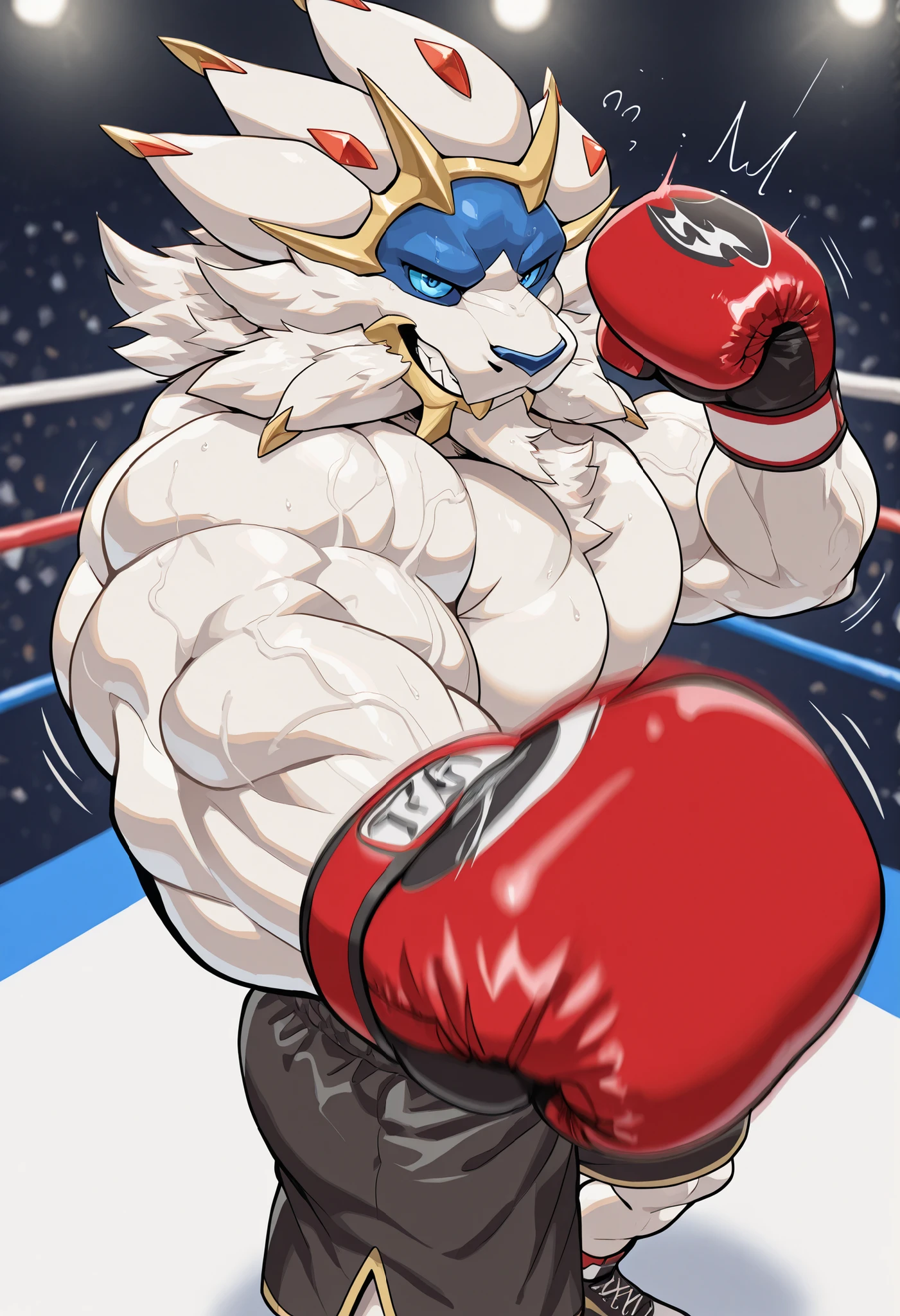 zPDXL3, pov_boxing, mercilessly punching_the_viewer, foreshortening, motion blur, red boxing gloves, black boxing shorts, depth of field, extreme perspective, extreme closeup, closeup, action shot, boxing, dynamic punching pose, motion lines, impact lines, mercilessly punching the viewer, cropped head, boxing ring background, braker Solgaleo heavy wait boxing champion, furry male, heavy muscular, veiny muscles, looking at viewer, ruthless smile, bedroom eyes, smug, bara, large pectorals, lowangleview-3000