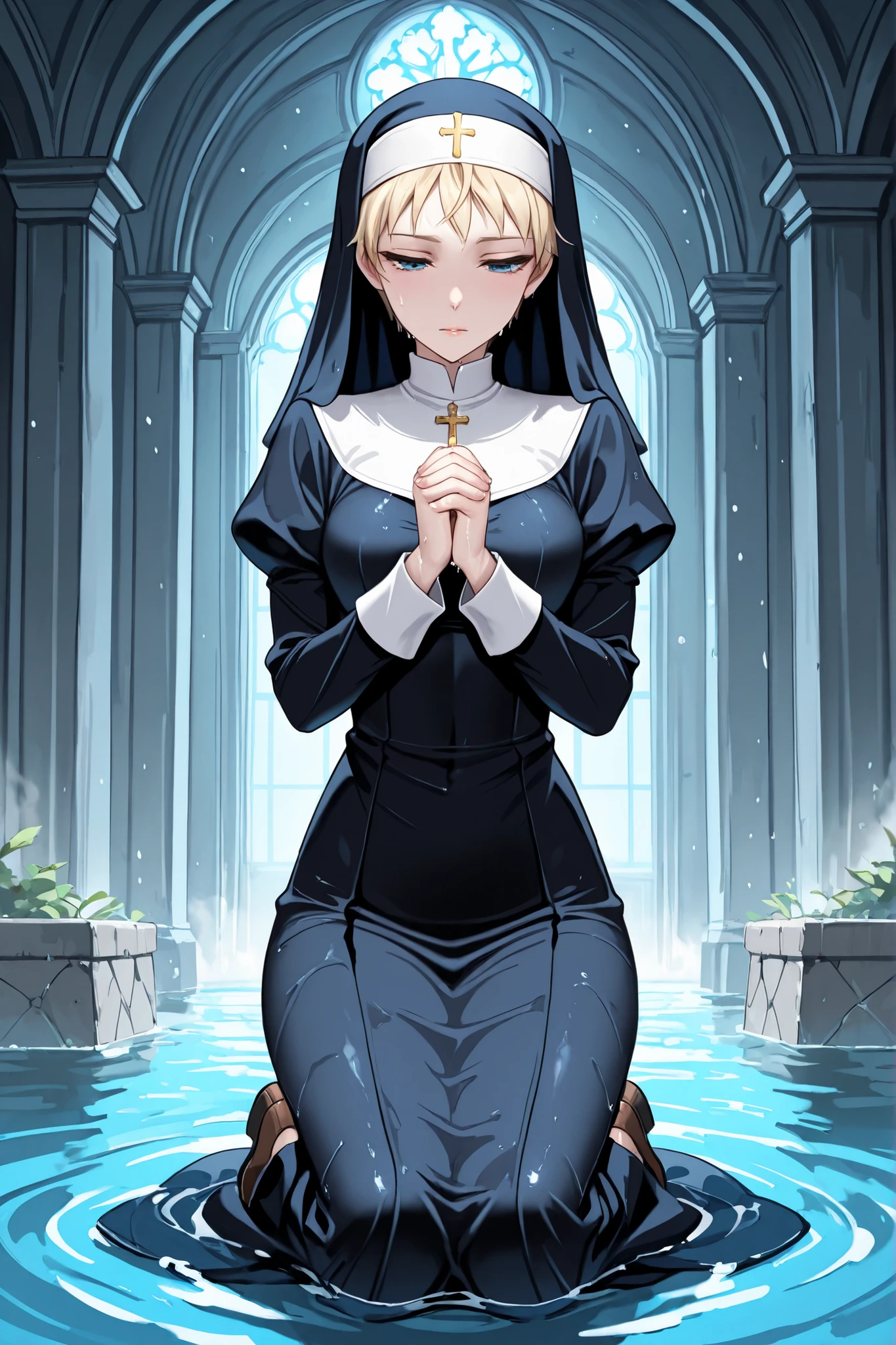 1 woman,solo,beautiful woman,adult,18 years old,blue eyes,narrow eyes,blonde hair,very short hair,pale skin,skinny,masterpiece,general,highres, ultra-detailed,very aesthetic,best quality ,best hands,best eyes,perfect anatomy,anime coloring,easynegative,BREAK,nun,christians,nun's black robe,in the water fall,wet,praying,fingers crossed,kneeling,