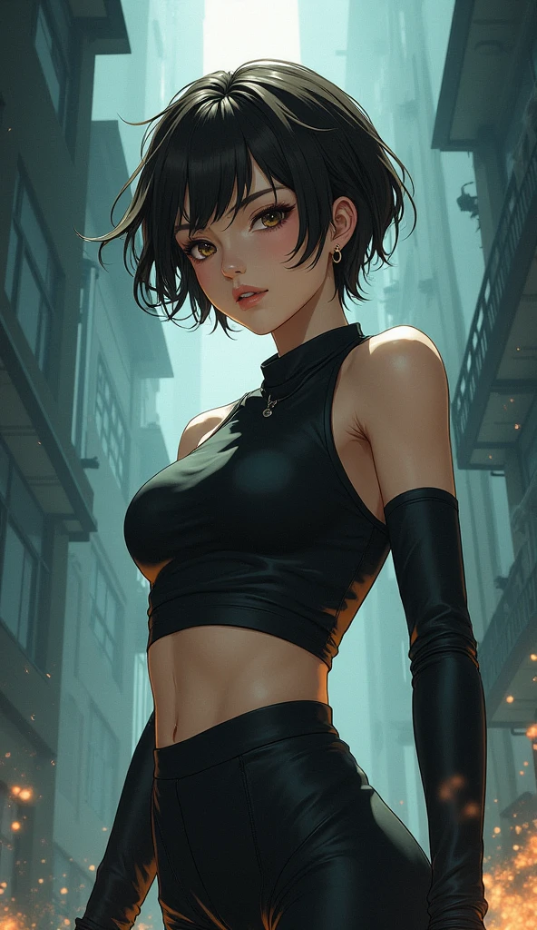 woman, Lara Croft, emo_hairstyle, red lipstick, dog collar, eyeliner, realistic lighting, short hair, black skirt. seductive look, Big breast, off shoulder midriff, sleeveless. All-fours.