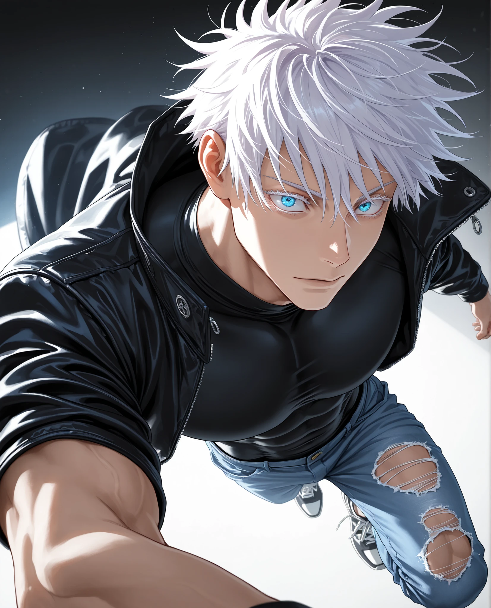 (masterpiece:1.2), (best quality:1.2), (very aesthetic:1.2), ,(newest),(highly detailed),(dynamic lighting),(cinematic lighting),1man, adult, male focus, gojou satoru, jujutsu kaisen, white hair, short hair, ((hair between eyes)), colored eyelashes, white eyelashes, blue eyes, intricate eye iris, detailed eyes, muscular male, sexy man, handsome man, handsome face,
,solo, cool_man_style, male cool clothes, cool fashion, intricate clothes, intricate accessories, intricate patterns, cool, stylish, compression shirt, black leather jacket, torn jeans, sneakers, standing , upper body , (portrait), looking at forward,dynamic angle,cinematic lighting , cinematic angle, soft light , color detail, backlighting,long exposure, intricate colors, vibrant colors, ,8K, UHD, abstract background, white background, best quality, soft lines, clear details