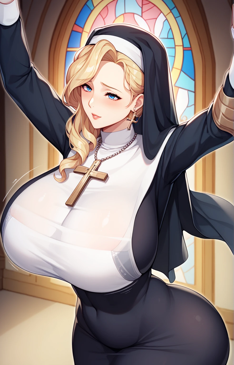A completely naked priest is in the room of an extremely beautiful nun, big breasts, big ass, hairy vagina, she is lying on her cloak, and suddenly the priest approaches her, she sucks his cock, and they both end up having sex. Explicit sexual images, the woman gasps with pleasure, until the man ejaculates inside her vagina. When he pulls out his penis, thick white semen drips from the nun's vagina.