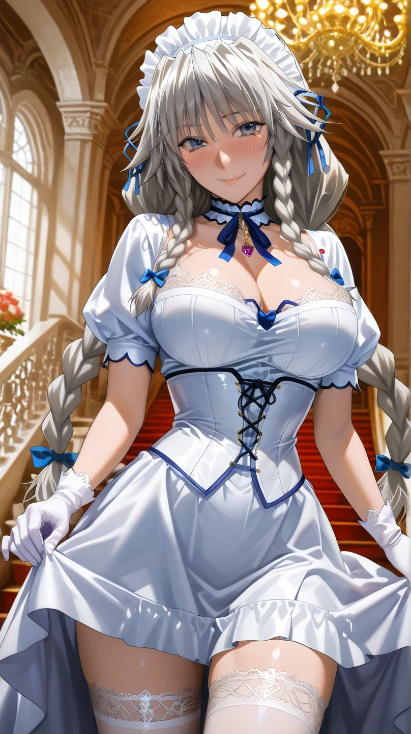 (masterpiece, best quality, ultra high res, beautiful detailed hair detailed face, perfect feminine face), smiling, happy, costume, (full-body potrait:1.2), face focus, a beautiful and cute maid girl, silver ponytail hair, (maid costume), maid headdress, black dress, white apron, (frilled apron), (frills), puffy sleeves, long sleeves, juliet sleeves, handcuffs, solo, 1girl, ahoge, side hair, very long hair, shiny skin, shiny foreheads, giga breasts, huge breasts, huge cleavage, (wide hips, thick thighs, chubby hips), lens flare, sharp focus, volumetric lighting, trending on artstation, pixiv, by sakimichan, george kamitani, akira yasuda, alphonse mucha, greg rutkowski, gil elvgren, william-adolphe bouguereau