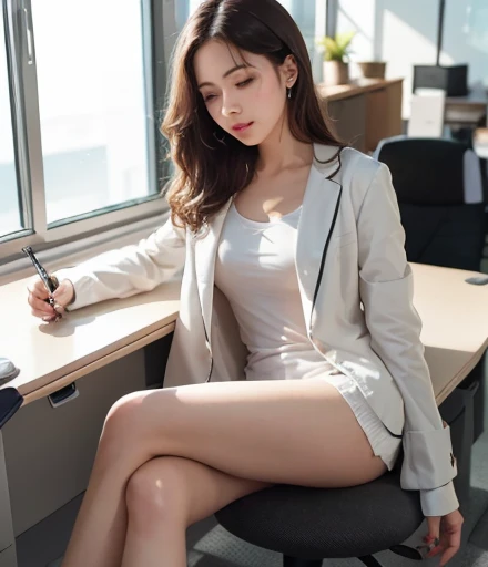 a 20 year old actress, the most beautiful woman's face in the world, perfect propotions of a woman's body, blazer is worn on shirt, hands are off vagina between opened legs, two pairs of labia under clitoris, woman's pubic hair, sitting on a desk chair in office, one person, nsfw, best quality, highly detailed, masterpiece, ultra high res, photo realistic, 8k