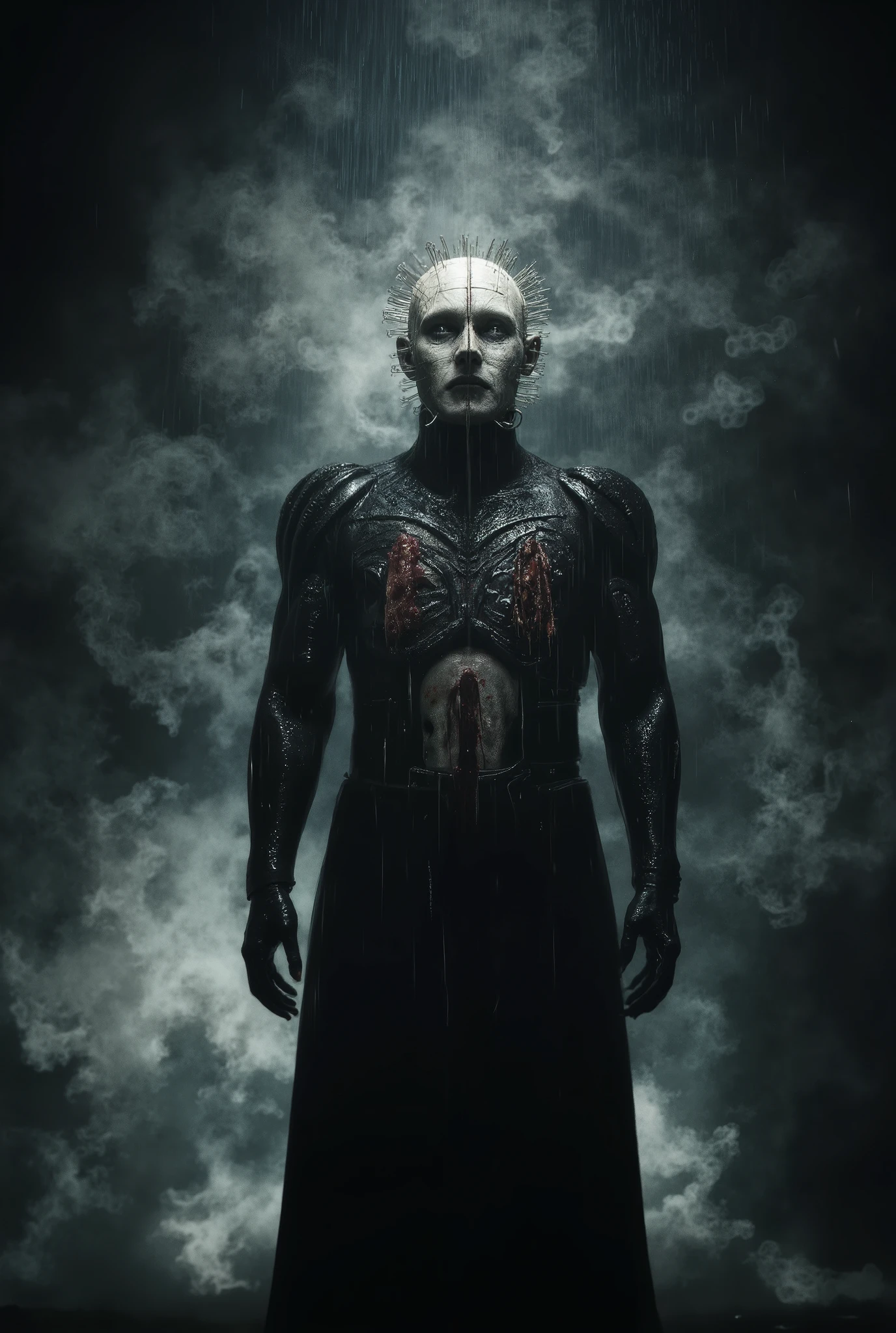 Hellraiser, Pinhead, fog and darkness background, surreal horror, high detail, masterpiece.