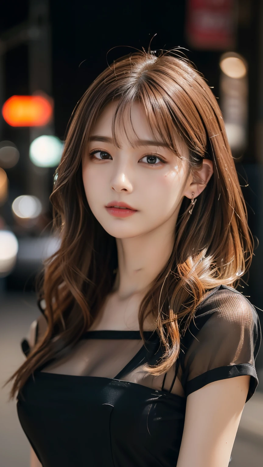 Ultra High Definition, Superior Quality, Premier Quality, ultra detailed, Photorealistic, 8k, RAW Photos, highest quality, masterpiece, Attractive girl, Stunning girl, Brown Hair, Shoulder Length Layered, asymmetrical bangs, K-pop Idol, Sophisticated girl, Black knit, Shibuya,