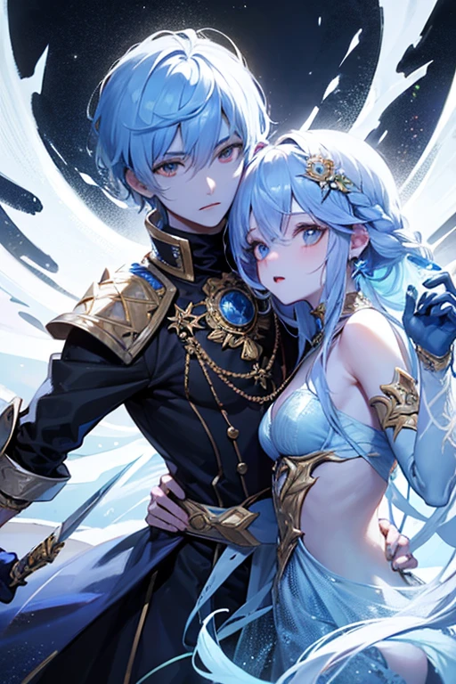 ((masterpiece)),(((best quality))),(character design sheet, same character, front, side, back), illustration, 1woman adult, (short hair), (poofy hair), blue hair, bangs, hairstyle fax, (yellow eyes), environment Scene change, hairstyle fax, pose Zitai, female, ancient armor, charturnbetalora, (simple background, white background: 1.3), highly intricate accessories, highly intricate clothes, white dress, gold trim, Lightblue hair, bright color, earrings, armor, shoulder armor, sword, hairband