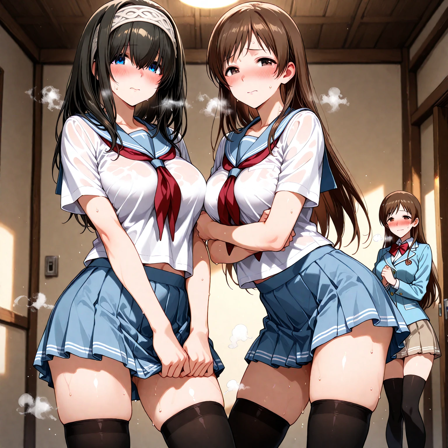 long dark hair / big tits / brown eyes/ lifts up her skirt, sweet innocent face, embarrassment