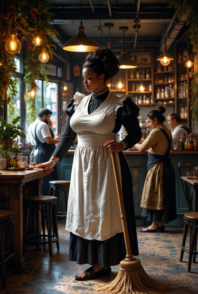 Hot cute fit tall thin African American black female. With fluffy hair. Massive xxl round breasts. Wearing a thin pligrim top hat. Wearing a white and black and brown pilgrim dress outfit. With pantyhose. Wearing pilgrim heels. Standing in the back of a train alone