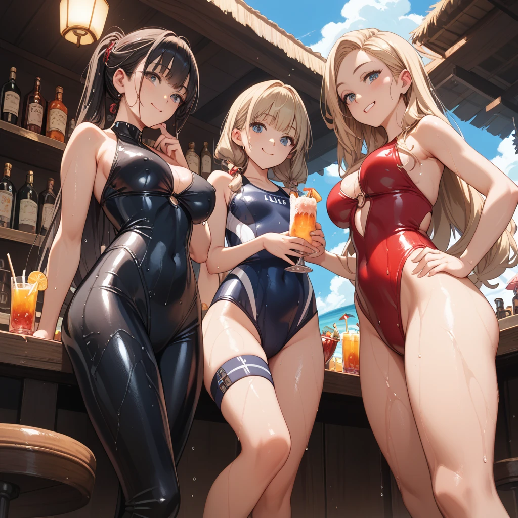 Highest quality,Highest Resolution,Several beautiful girls in brightly colored leotards and swimsuits with crying faces,Poolside at the competition pool,Very beautiful eyes,(((Drinking a bottle of drink))),Sweat profusely,Tears,(((Open your mouth wide and drool)))whole body,Super High Leg,Standing posture,