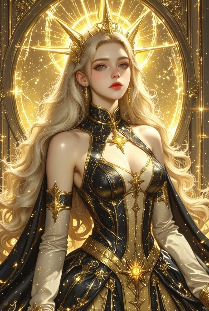 A woman in a golden dress,Baroque Valkyrie,Dreamy realism,glittery,Clothes made of gold and silver thread,Baroque court style