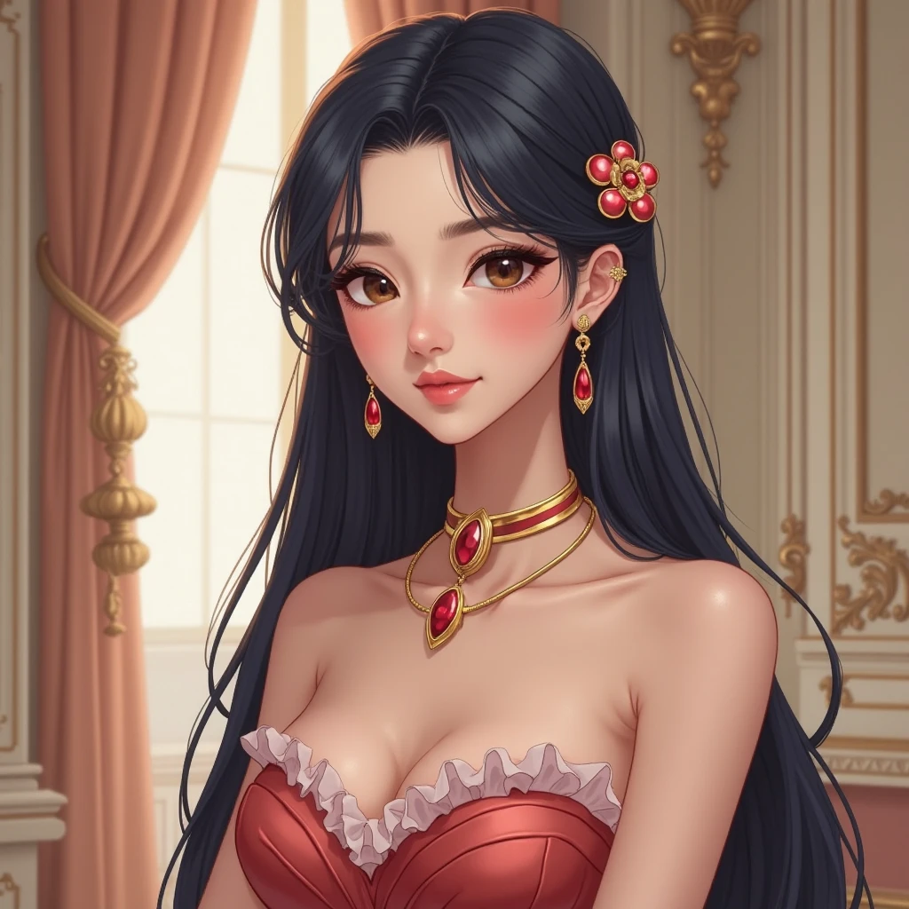 girl,Princess,long wet ponytail brown hair,diamods crown,he tall,sexy pose princess,super big breast,(P cup),age 17,cheerfull,happy and smile detailed face,sexy long princess clothes and long skirt outfit,full body,red peach lips,sitting on royal palace,princess hold a bouquet of flowers,in the crowd royal palace,her nose was red on royal palace