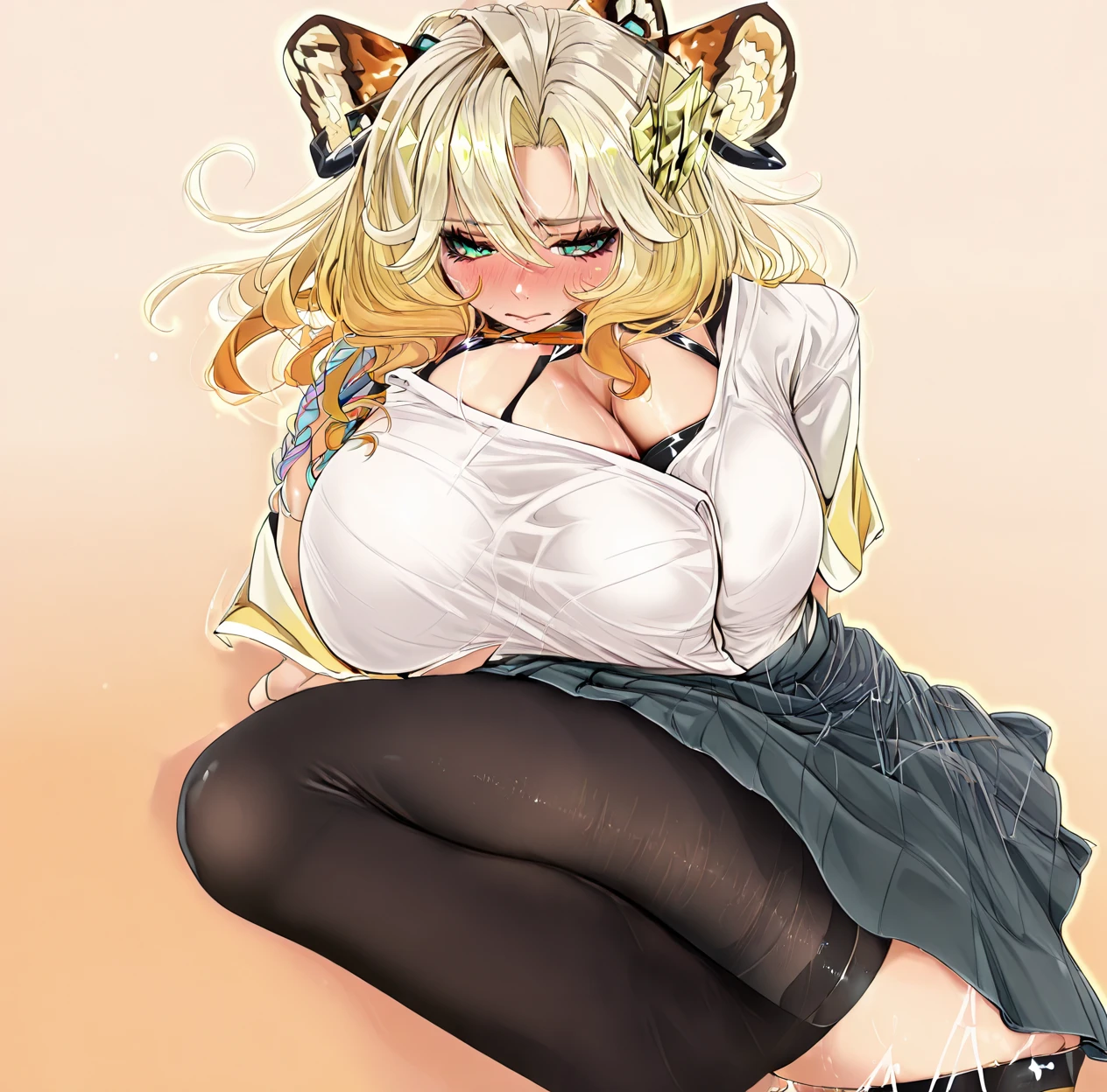 (((One girl)))、Hiro Default,shinosawa hiro,thin,Orange eyes,White eyelashes,blonde,Long Hair,Hair Clip、blush、The whole body is visible、Pregnant women、slim:1.5、standing behind、Cat ear、Knee-high socks、Opera Gloves、cat lingerie, choker, Neck bell、Cat paw gloves、Eyes half closed、squat