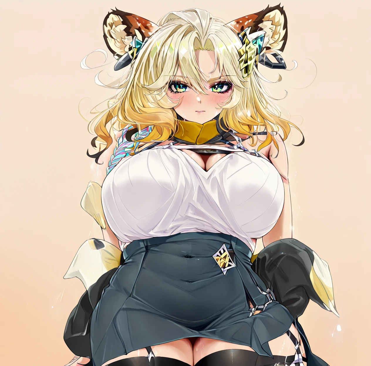 Absolutely beautiful fox girl, perfect slim body, mature royal sister face, yellow hair, large curly hair, college uniform, sexy and seductive, beautiful face, full body portrait, standing pose, 4K picture quality, feminine expression, blush shyness, deep eyes, huge breasts, short skirt, battle fire magic. The bust is huge