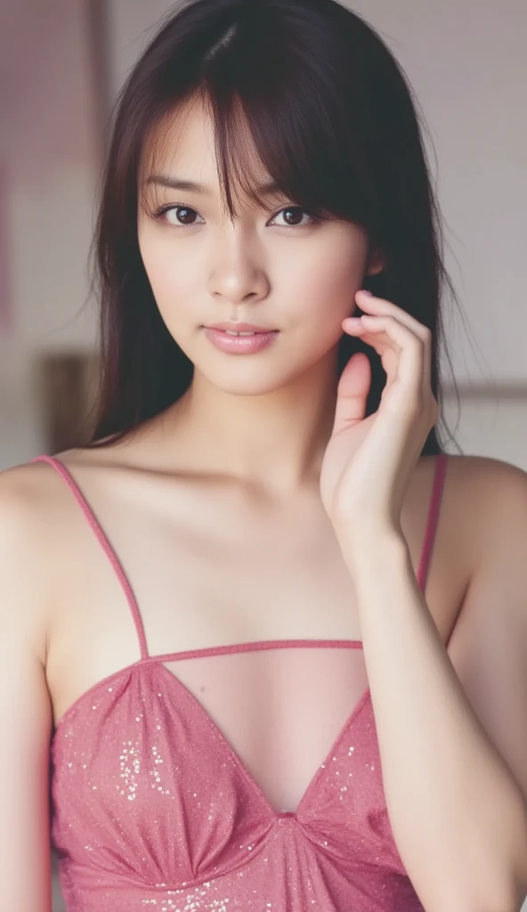 (((Highest quality,Very detailed,masterpiece,Very detailed))) ,(((Downward))),((Spread your legs)),loose breast,Camisole with showing through,one piece,barefoot,One Girl,Realistic,Bedroom、Looks sleepy