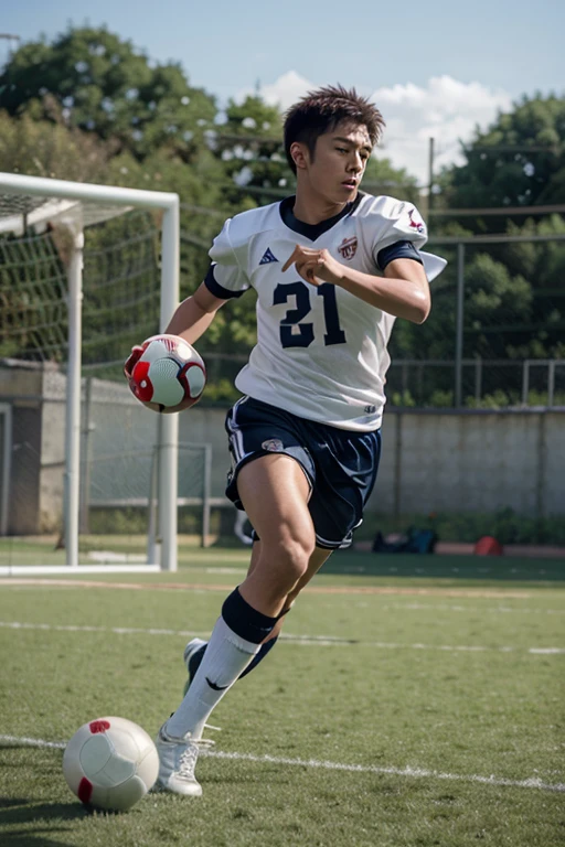 1 man, smile, (Wear a navy blue short-sleeved rugby shirt..), Navy Cargo Pants, Young Korean , Korean Men, (High shadow detail), Pectoral muscles, Big arm muscles, blood vessel, Big muscles, Wide shoulders, looking at the audience, balance eyes, (eye contact), stadium
