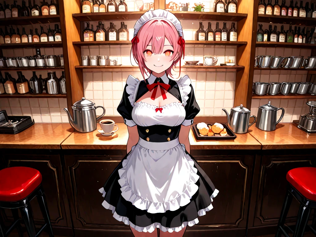 One girl、cute little、masterpiece、top-quality、Top image quality、Red-haired、Pink eyes、maid clothes、Ribbon on the back、Cafe clerk、cafes