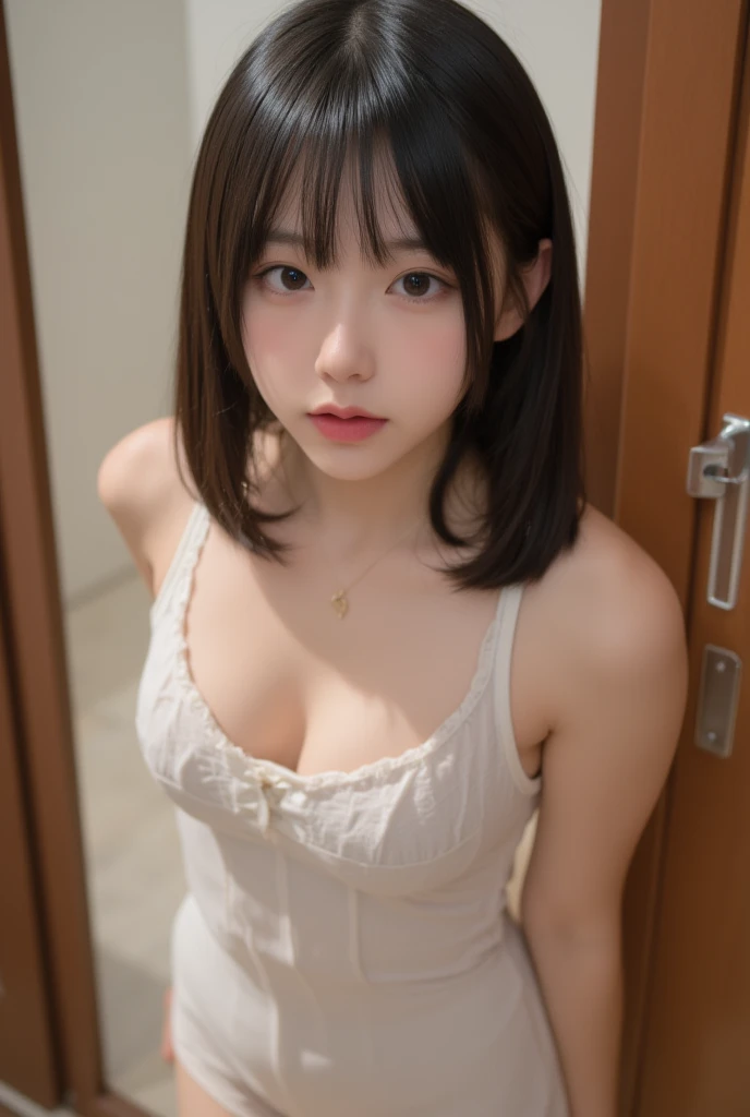 ((Best of the highest quality, 8k, Masterpiece: 1.3, raw photo)), Sharp focus: 1.2, (1 AESPA girl: 1.1), (Solo: 1.18), (realistic, photo-realistic:1.37), face focus, cute face, (Small breasts, flat chest, Thigh: 1.3), messy short hair, pony tail, (Girls' High School Uniforms:1, or naked), cafe, books, flower, cinematic lighting, (sitting and spread legs: 1.1)