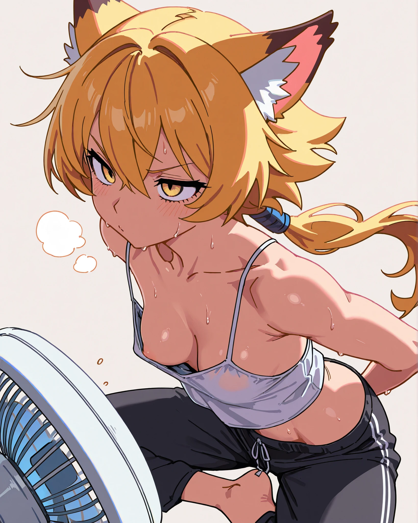 masterpiece,Highest Quality,Super Detailed、high definition、8k Quality、toned body、Combat Style、simple background、Cloth clothing、Feeling Fast、Dynamic、 Beast Man、ruthless eyes、 Beast Ears、fantasy、camisole、Yankee sitting、from above、Electric fan、sweat、the wind is blowing、Breast slip