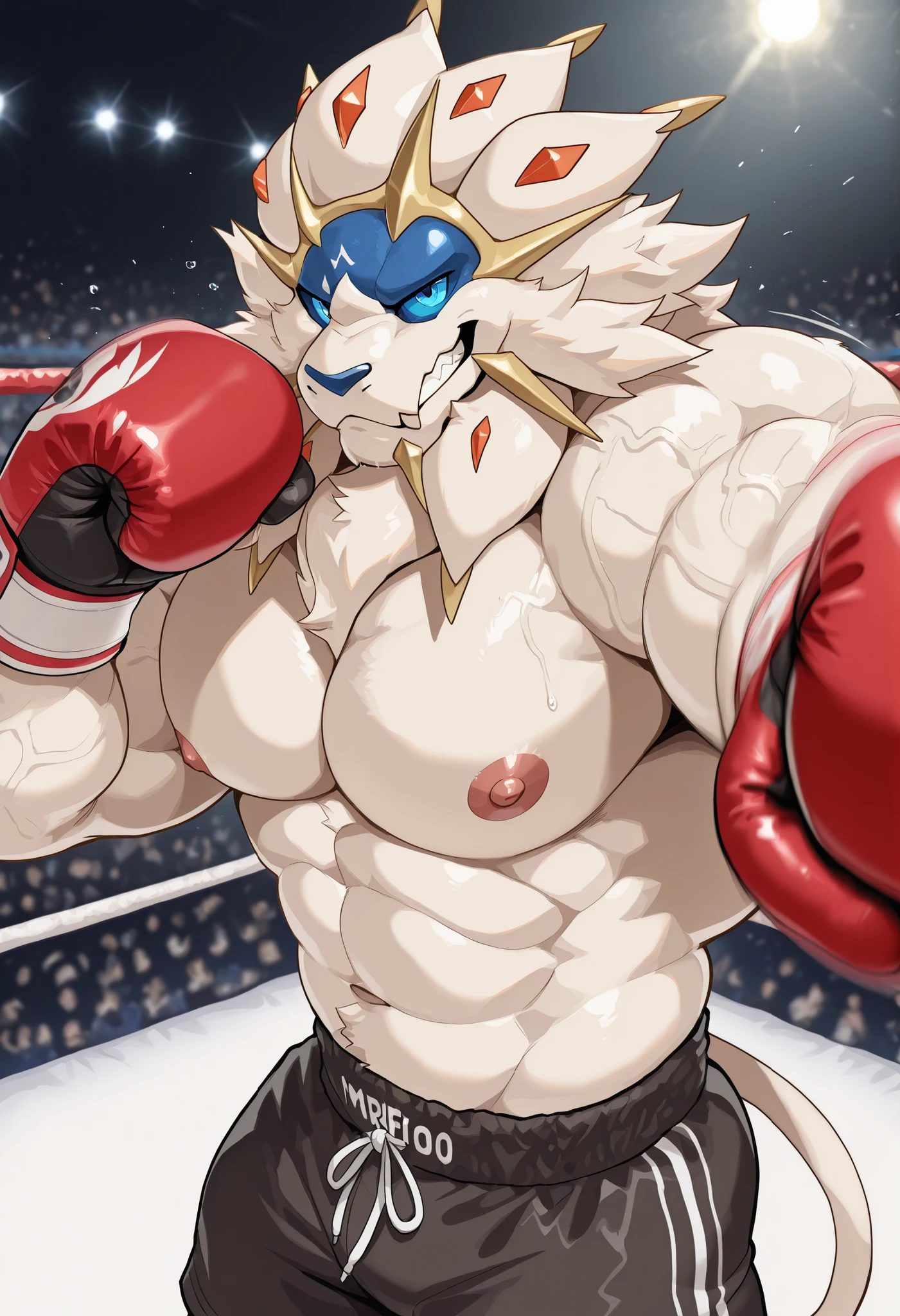 ((solo)), (anthro) wolf, shirou_ogami:1.8 (bna), adult, mature, masculine, slim:1.2, skinny:1.2, tall:1, (correct anatomy:1.2), vascular veins, (cartoon fur, detailed fur texture:1.3), topless, wearing big black collar (shirtless, boxing gloves, compression shorts), ultradetailed, (by wfa:1.2), (by takemoto_arashi, by vorusuarts, by Traver009:1, by grimfaust:1), natural lighting (boxing_ring:1.4 background), (sweat:1.4, wet:1.6), (lots of sweat flowing down) exhausted, wolf head ((open eyes, detailed):1.2), open mouth (steaming breath:1.2, drooling, dripping saliva, thick drool) tongue sticking out, (serious:1.4) expression), grumpy, sad, lying down, collapsed, defeat