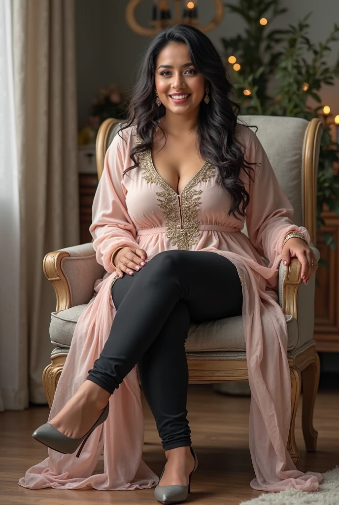 (photorealism:1.2), beautiful woman, chubby, sitting on office chair, wearing loose open short silk robe, medium curly dark hair, soft lighting, plants in background, window with sunlight, cozy room, relaxed pose, realistic, intricate details, legs wide apart, warm colors,