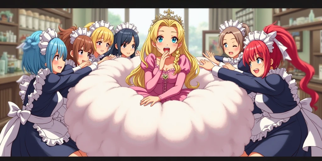 Highest quality, Great quality, 16K,Very detailed, (((Three blonde princesses of elegance and intelligence,))) ((pretty cure eyes, Rich Princess Hairstyle, ))、((Accurate anatomy))、、((((Blushing))))、、、((((Saggy breasts))))、))))、(()、(())(((Hold your palms out in front of you))))