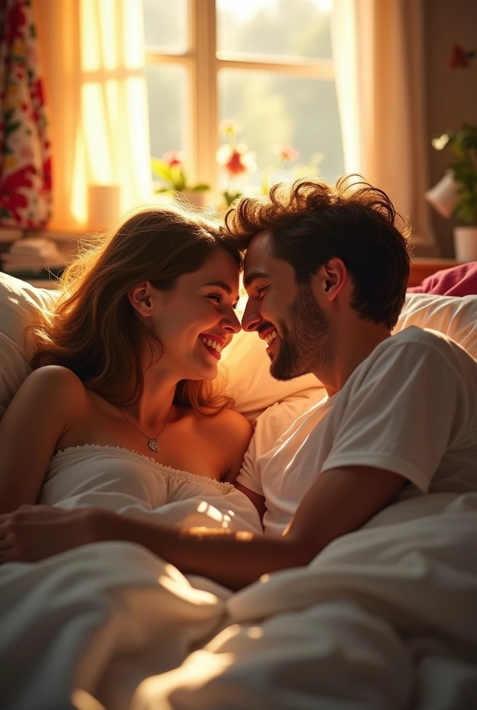 A girl on top of man on bed