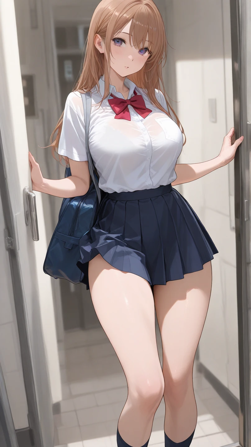 ((Japanese high school uniform)),Wear a short pleated skirt 、Silk panties sticking out、panty shot、focus on panties、Soft skin、ponytail, japanese girl, 8K, huge breasts,full body shot、 highest quality, masterpiece, realistic, Photorealistic super detail, one girl, cute, best smile, beautiful eyes, long hair, perfect face,full body shot