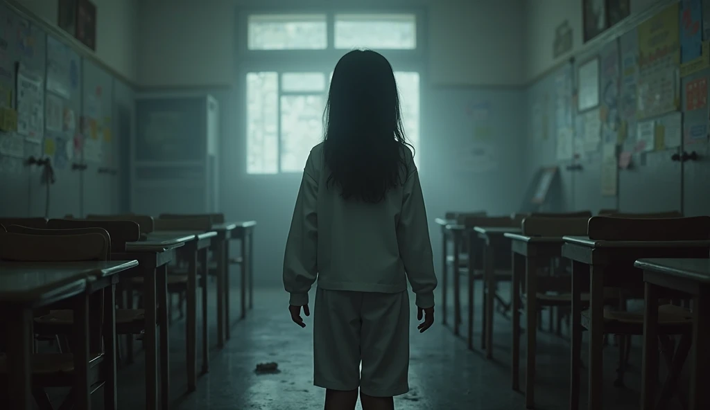 A dark-toned image, where the ghostly figure of a sinister young girl with torn school clothes can barely be seen in a school classroom, His pale face emerging from the shadows with a macabre smile, and a light mist covering the ground, which creates an atmosphere of mystery and terror.