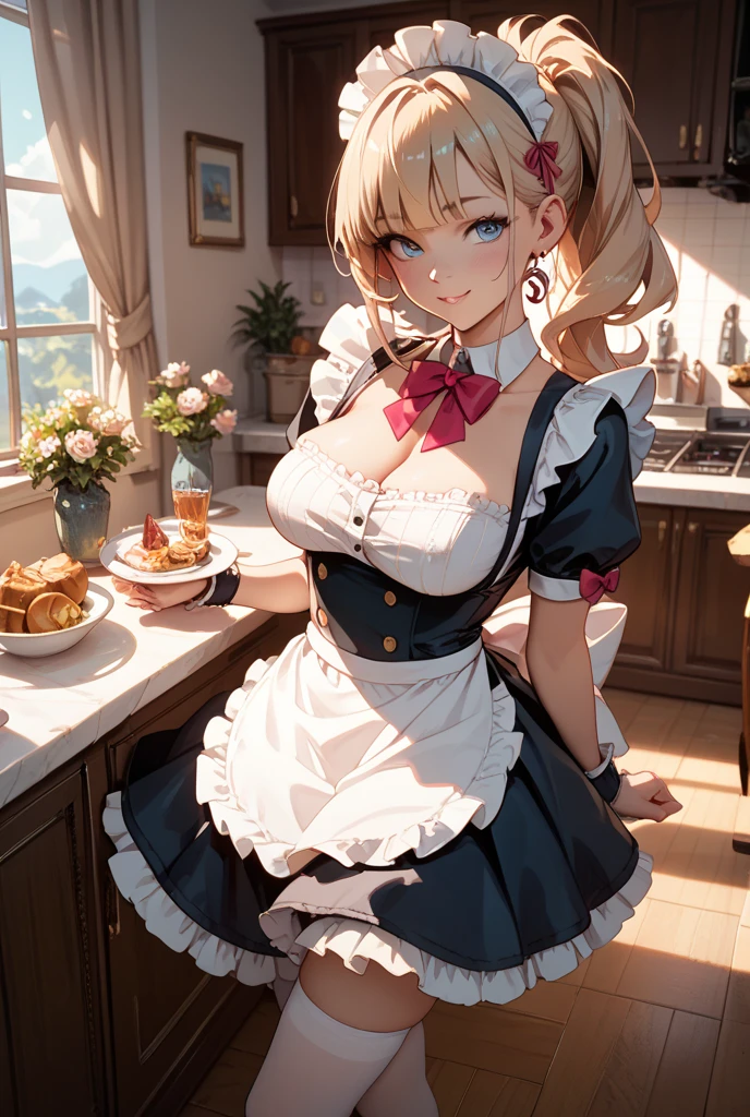 (anime,8k,masterpiece, top quality, best quality,beautiful and aesthetic:1.2,professional illustrasion:1.1,ultra detail:1.3,perfect lighting),extremely detailed,highest detailed,incredibly absurdres , highres, ultra detailed,intricate:1.6,from abave,(1girl:1.3),Young wife preparing a meal,standing,dinner on the table,(Starry sky outside the window),naked long apron,Sexy panties with a little bit of glimpse through the slit,Thigh-length black tights,(girl),(Three kingdoms female warload),(highly detailed beautiful face and eyes,large breasts,firm breasts),oily skin,((blond hair,short bob with short pony tail hair)),cute,lovely,smile,sexy,look at viewer, temptation, (side boobs:1.1)