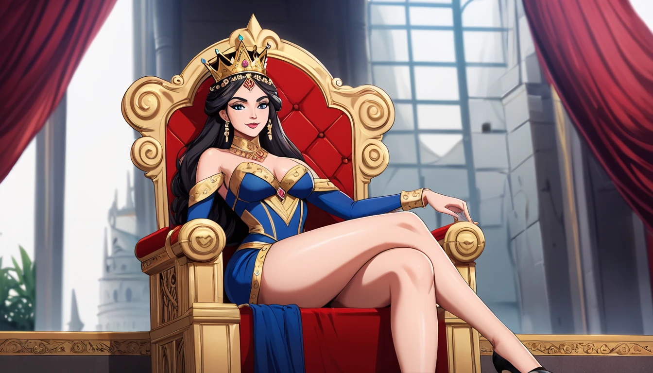 shoujo-style, 1girl, solo, masterpiece, best quality, official wallpaper, detailed face, evil smile, long eyelashes, looking at viewer, royal dress, (cleavage), puffy sleeves,, golden, jewely, sitting on throne, thick thigh
