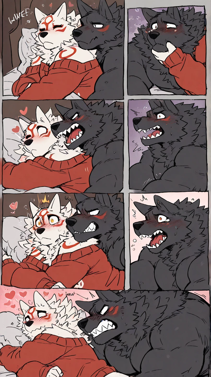 Yellow fox boy and black fox girl, 4k quality,High resolution, Holding hands,kiss,Drooling, Wearing a red collar,Feelings of love,Cute Face, Dog crying in bed Doghouse life,narrow,They are connected together by a collar lead,I feel happy now.!Being scolded,A secret time just for the two of us!Heart symbol