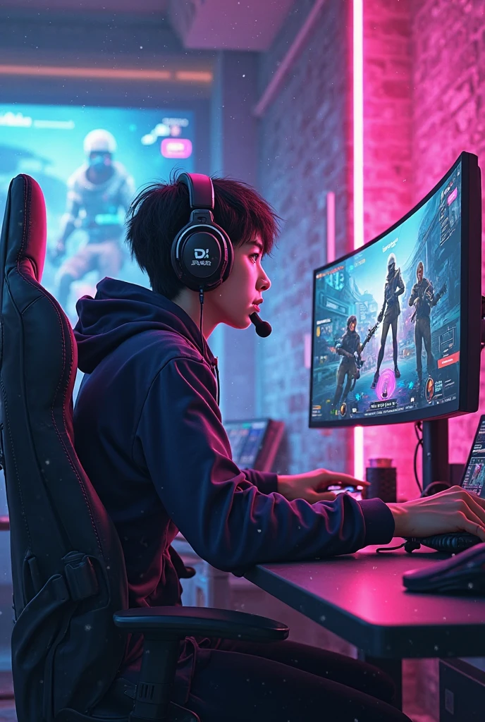 Make a wallpaper of a 1 boy holding a smartphone horizontally, playing Pubg game and earphone connected , sitting on a gaming chair in front of his Gaming Computer and RGB CPU. Pubg pochinki are shown in his computer. There are a logo frame hanging on the wall in which "TOXIC" named gaming logo are present. Ensure that name should clearly visible and logo give gaming vibes.