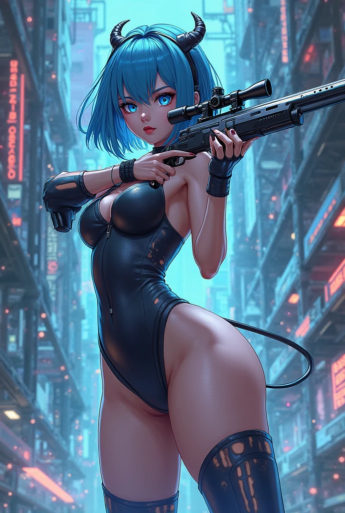 Yuri from The Dirty Pair, , wearing a tight outfit, skimpy, medium breast, long hair, dark blue hair, beauty, cyberpunk city background, holding retro space-gun, slim waist, slim thighs, thigh gap