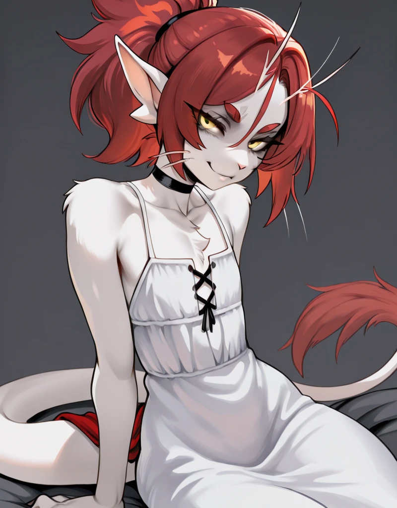 Furry girl with short hair, half red and the other half black, with white fur, black legs with white fur, Black arms with white claws with a black and white dragon tail mixed with a white fur shirt, one completely black eye and the other normal with a serious smiling face