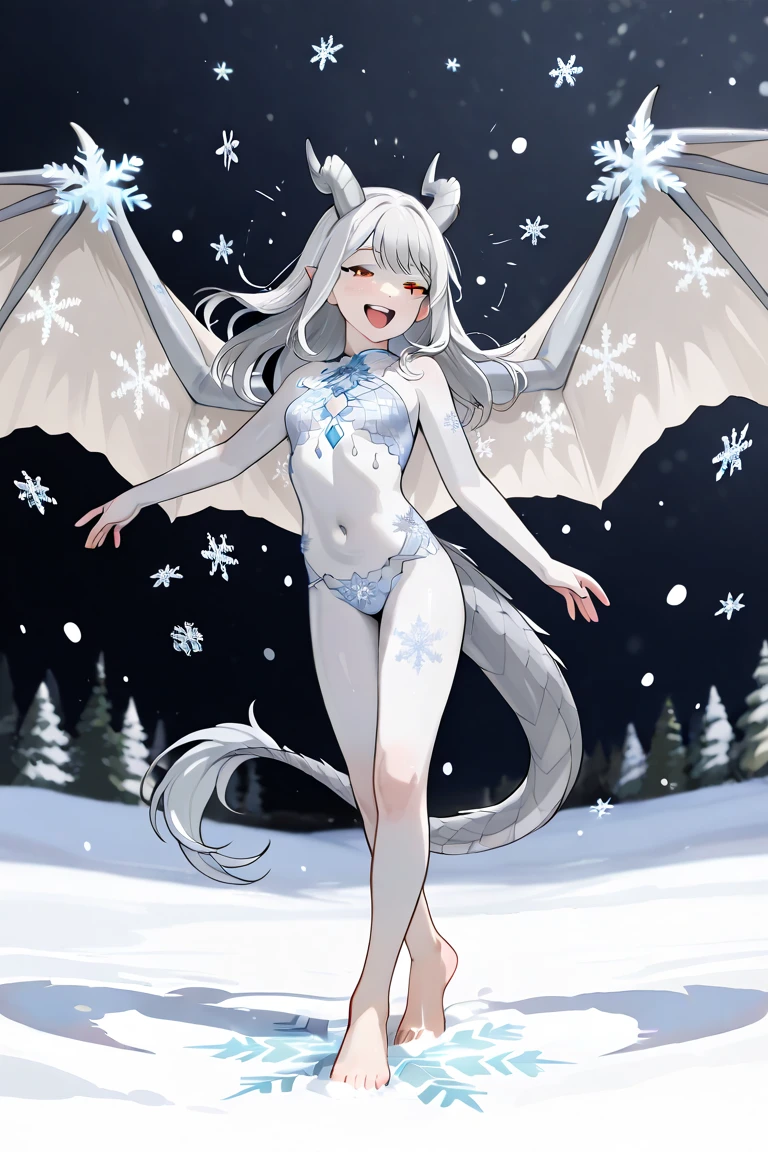 (superflat, flat shading, flat colors:1.1), wide angle, 1girl, 10yo, flat chest, white hair, (white fox ears), (white fox tail:1.2), (white sports bra with black panties), smile, blush, eyes closed, bare feet, standing on snow, stretching, doing exersises, winter forest, bright sunlight, white, best shadows, watercolor,