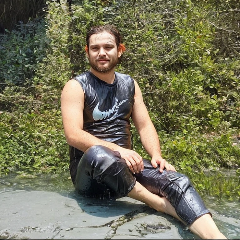photorealistic,shirtless muscular man, wet body, sinks into a mud pit partially, 