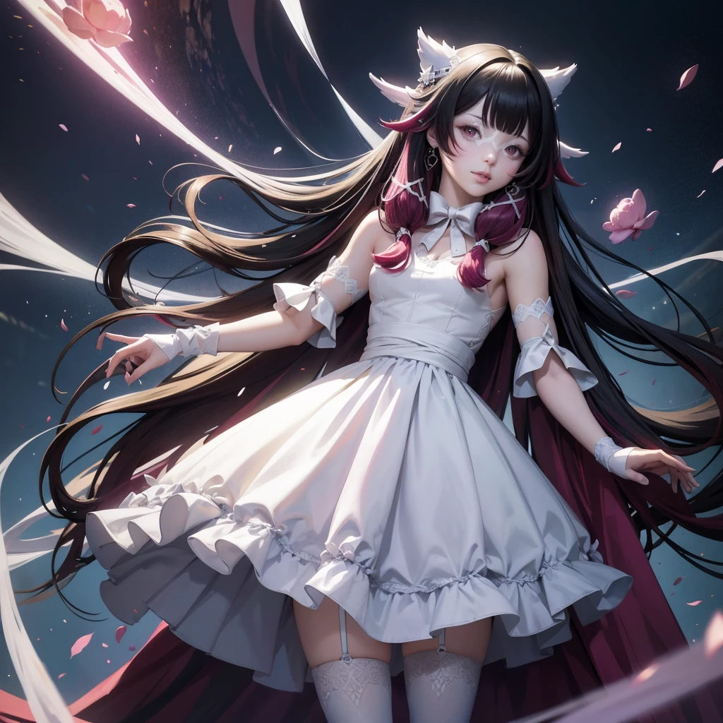 Columbina_(genshin impact), white roses, ornament hair, roses on her hair, maid, maid dress, maid headdress, maid apron, black hair, pink hair, long hair, 1girl, white maid dress, jewelry, flowing hair, long hair, maid dress with a short skirt and layers, white laces, white boots, white dress with transparency, gold details on her clothes, more details, perfectly body, perfectly hands, two hands, two legs, two arms, five fingers, glowing hair, coat, best quality, cat ears, animal ears, two cat tail, white gloves, alone, maid headdress, choker, detached sleeves, maid dress, maid white dress, masterpiece, best quality, detailed face, night, asymmetrical gloves, bangs, white short skirt , earrings, elbow gloves, fishnet thigh highs, fish masterpiece, solo, best quality, detailed face, gloves, hair between eyes, jewelry, looking at viewer, single earring, sky, sleeveless, solo, thigh boots, thigh highs, uneven gloves, solo, alone, Looking at the viewer, More details on the clothes, magenta roses on her hair, space scenery, maid, maid dress, magenta details, magenta roses, maid headdress, maid apron, seat on the Saturn rings, more details on her clothes, gold details on her clothes, space, smiling, standing her hand to a viewer, looking at the viewer, in the background a several asteroids glowing with fiery auras, Dramatic lighting from distant stars and planets illuminates the scene, looking at the vast and mysterious universe, cowboy shot, upper body portrait, more details, sparkle,