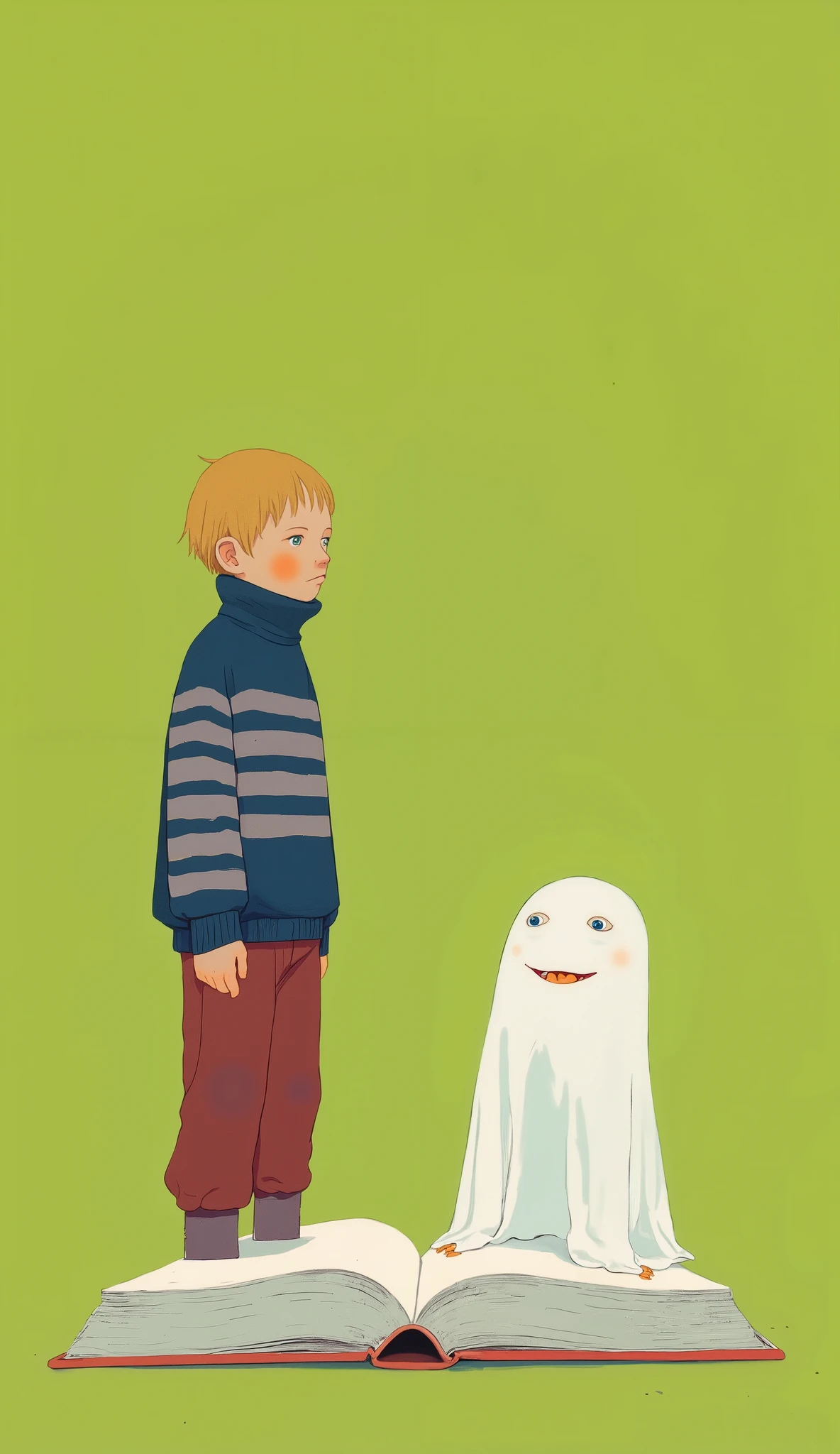 young blond boy, Appearance , は鮮やかなライムグリーンの背景のスタイリッシュなイラストin描かれています. He's wearing a blue and gray striped turtleneck sweater and dark red pants. when I look at a large open book placed on my lap、I'm surprised and awestruck by his expression It's thoughtful. page、what comes out of the, , the gentle ghost with a cheerful attitude, in、広い笑顔とシンプルな目が特徴inす. The colors are mostly bright and contrasting, in、Ghosts are tickled by pale, 男の子の服を引き立てるTranslucent色合い. シーンは気まぐれin不思議な瞬間を捉えています, inす。. 全体的な構図は遊び心に富んinいる, 太いアウトラインと誇張された特徴in, enhances the cartoonish appeal of the image、Translucent.