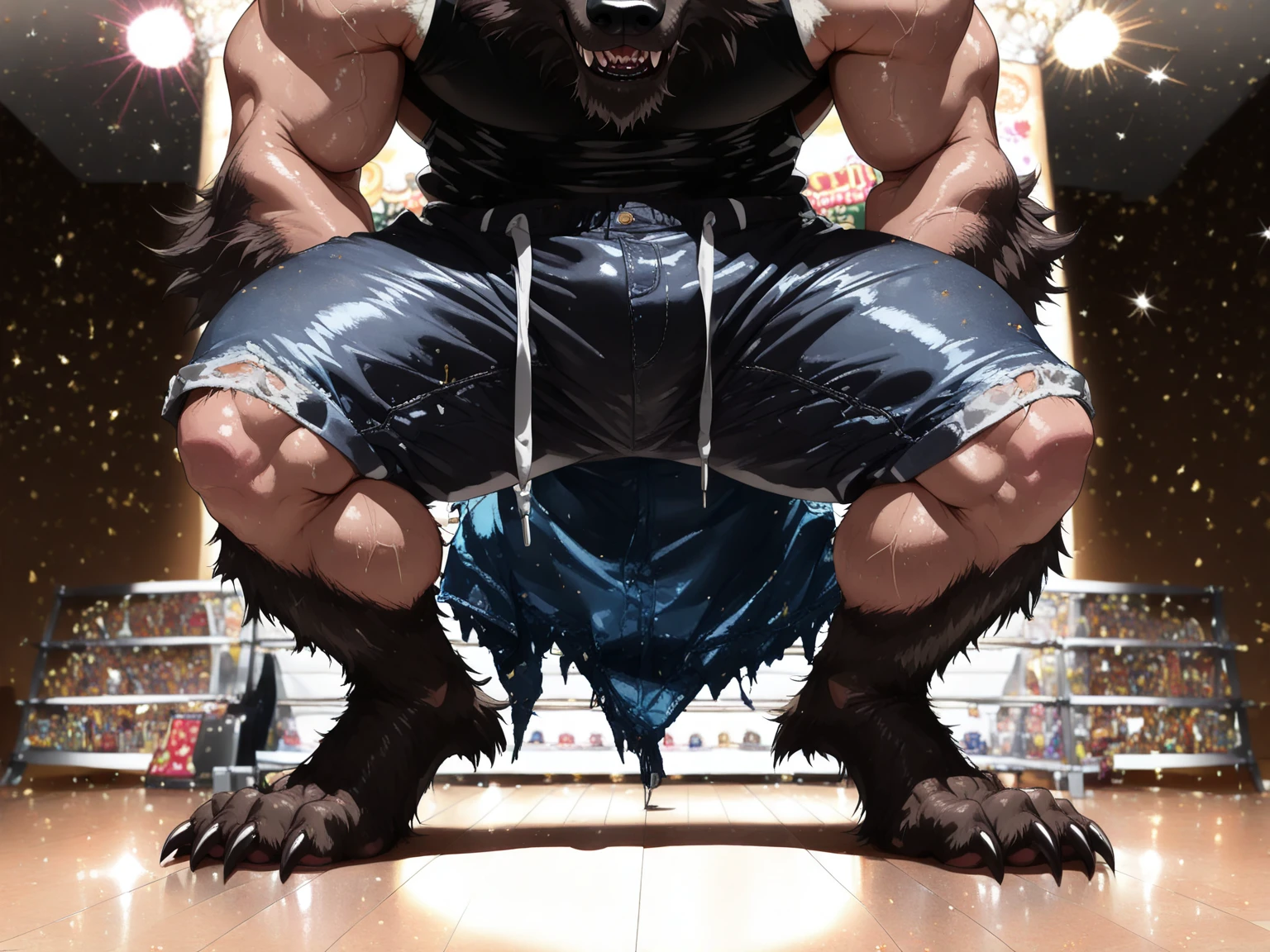 Fluffy brown wolf、hands tied with chains、A thick hose in the mouth、A thick hose is in his mouth、Hugely swollen crotch、boxer shorts、Howling Wolf、Concrete Background、Metal wall background、Sharp claws on the toes、Big jumping pose、Pose with hands raised up、Lying down pose、Hairless head、Very developed butt muscles、Full body wolf fur、Howling pose、Upward facing face、Completely naked、Abnormally large muscles、Fluffy, long body hair、Long brown hair all over the body、Very long and profuse armpit hair、it's raining