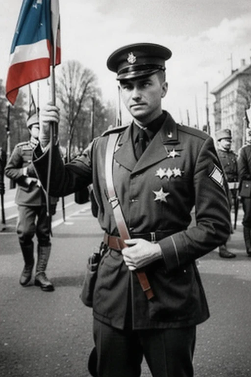 A poster written in Russian recruiting Russian volunteers for the German Wehrmacht.,The photo shows a Russian man in a grey German military uniform.