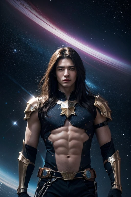 Quarter body photorealistic handsome Hunky shirtless Zodiac Prince: Pieces.. wearing light Green. Galaxy as background.