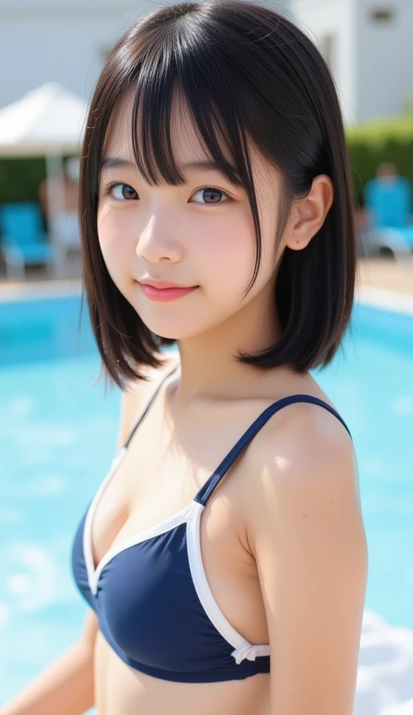 masutepiece, Best Quality, 8K, 8yaers old, Teen, Raw photo, absurderes, award winning portrait, Smile, Solo, Idol face, violaceaess, Delicate girl, Upper body, Digital SLR, Looking at Viewer, Candid, Sophisticated,Thin arms, Professional Lighting, Film grain, chromatic abberation, (Eyes and faces with detailed:1.0), (Bokeh:1.1) , (Ruffled one-piece swimsuit:1.1) , closes mouth , swimming pools , Small breast-sized breasts ,