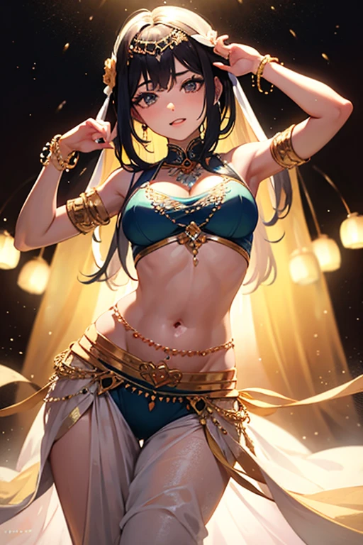 Extremely beautiful,1 girl, jewerly, breastsout, ((dancing1.4)), high-heels, darkskin, bracelet, へそ, aretes, focus only, Ankle Bracelet, dark skinned female, tummy, Blurry background, long hair, necklase, Blurry, neckleace, Bblack hair, overskirt, realisitic, へそ piercing