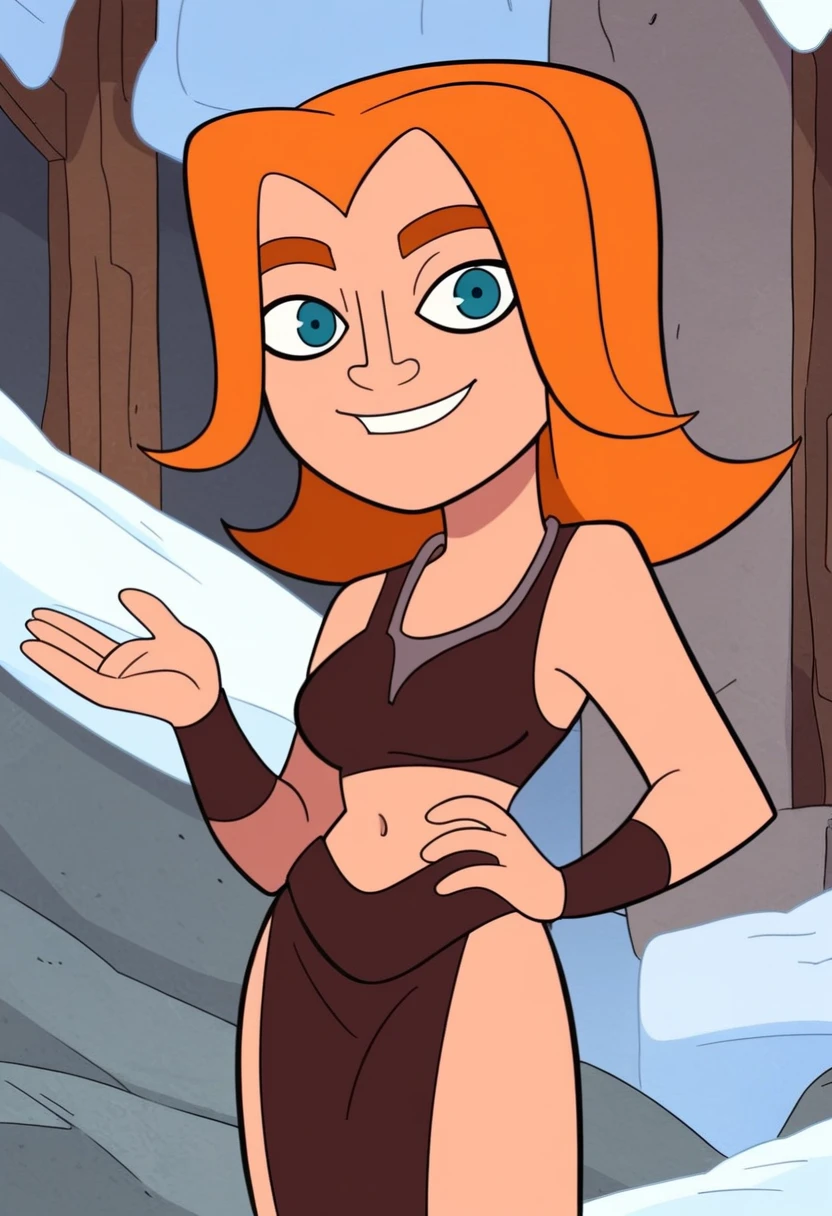((best quality)), ((highly detailed)), , (1girl), dynamic pose, upper body, <lora:Ann_Possible-DEF:.7>, kim possible, long hair, green eyes, medium breasts, smiling, black turtleneck, long sleeves, navel, gloves, utility belt, cargo pants, (outside, at a dark ice cavern, stalagmite, stalactites, midday, raining)