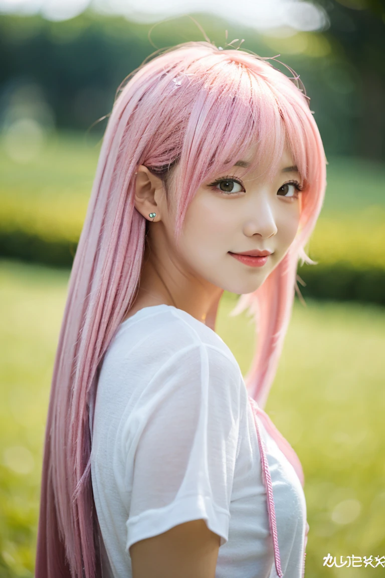 (whole body:1.5)beautiful japanese girl 17Year big magic eyes detailed beautiful eyes (beautiful pink gold hair:1.5) detailed long straight hair asymmetrical bangs thin eyebrows pale pink lip bright makeup smooth soft skin gentle smile white dress Detailed and perfect clavicle beautiful high resolution breasts soft and plump breasts dense and beautiful legs Meadow at night starry sky professional lighting professional photographer