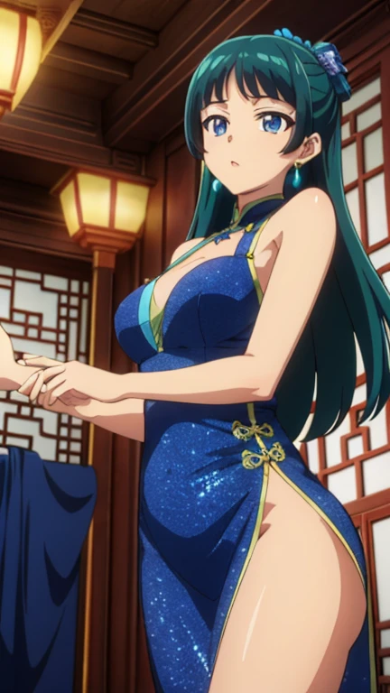 (Masterpiece, High Quality, Top quality, High-Detailed, Detailed CG, Cinematic Shadow, Cinematic Scene, Beautiful Detailed Eyes, Ultra Resolution, Depth of Field, 8k, High resolution, masterpiece: 1.2), Very detailed, Anime art style, Dynamic Angle, Teen Style, (China dress, Exposed shoulders, Earrings, indoor,), Detailed green hair, Detailed blue eyes, Complex hairstyles, Long Hair , the body is slim, Sparkling eyes, like々Shii, hair accessory, Earrings, Half Up, Slightly blunt bangs, Detailed lighting, Bright colors, Looking at the audience, Center the image, Cowboy Shot, (Blush Expression:1.2), (Small Expression:1.2), (SFW:1.2), (Dark Green Hair), Purple Eye, Five Fingers, Good Composition, Arms, Thighs, Small Breasts, Hips, Night Times, Midnight, Blur Background, Chinese Architectures